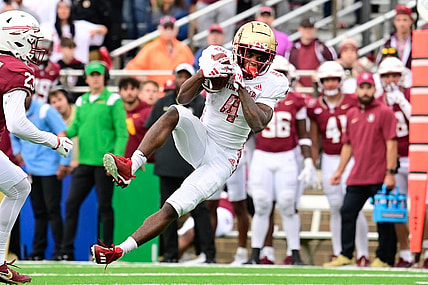 Sep 16, 2023; Chestnut Hill, Massachusetts, USA; Boston College Eagles wide receiver Ryan O'Keefe (4) makes a catch during the second half against the Florida State Seminoles at Alumni Stadium. Mandatory Credit: Eric Canha-USA TODAY Sports