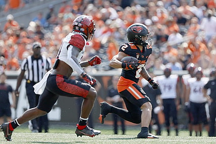 Sep 16, 2023; Corvallis, Oregon, USA; Oregon State Beavers wide receiver Anthony Gould (2) runs the ball during the first half against the San Diego State Aztecs at Reser Stadium. Mandatory Credit: Soobum Im-USA TODAY Sports