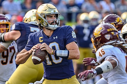 Sep 16, 2023; South Bend, Indiana, USA; Notre Dame Fighting Irish quarterback Sam Hartman (10) throws in the third quarter against the Central Michigan Chippewas at Notre Dame Stadium. Mandatory Credit: Matt Cashore-USA TODAY Sports