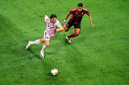 Sep 16, 2023; Atlanta, Georgia, USA; Inter Miami CF forward Leonardo Campana (9) dribbles the ball against Atlanta United defender Luis Abram (4) during the first half at Mercedes-Benz Stadium. Mandatory Credit: John David Mercer-USA TODAY Sports