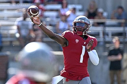 Sep 16, 2023; Pullman, Washington, USA; Washington State Cougars quarterback Cameron Ward (1) throws a pass against the Northern Colorado Bears in the first half at Gesa Field at Martin Stadium. Mandatory Credit: James Snook-USA TODAY Sports
