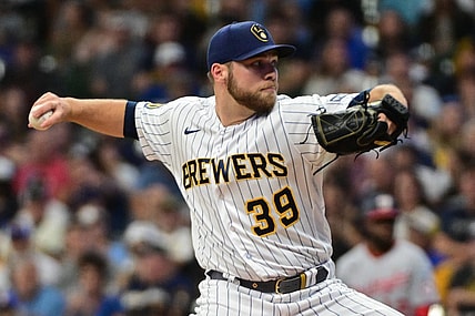 Sep 16, 2023; Milwaukee, Wisconsin, USA; Milwaukee Brewers pitcher Corbin Burnes (39) pitches against the Washington Nationals in the first inning at American Family Field. Mandatory Credit: Benny Sieu-USA TODAY Sports