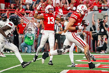 Sep 16, 2023; Lincoln, Nebraska, USA; Nebraska Cornhuskers tight end Thomas Fidone II (24) scores against the Northern Illinois Huskies during the second quarter at Memorial Stadium. Mandatory Credit: Dylan Widger-USA TODAY Sports