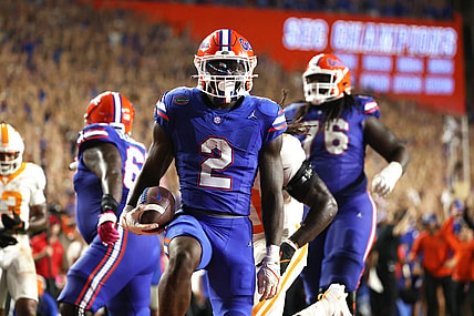 Sep 16, 2023; Gainesville, Florida, USA; Florida Gators running back Montrell Johnson Jr. (2) runs the ball in for a touchdown against the Tennessee Volunteers  during the second quarter at Ben Hill Griffin Stadium. Mandatory Credit: Kim Klement Neitzel-USA TODAY Sports