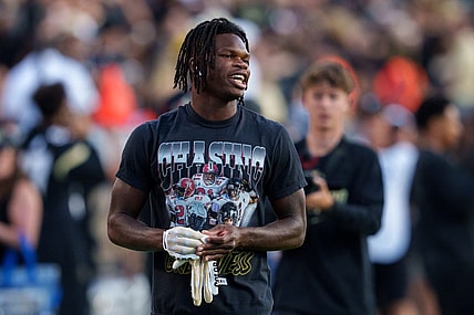 Sep 16, 2023; Boulder, Colorado, USA; Colorado Buffaloes cornerback Travis Hunter (12) warms up prior to the game against the Colorado State Rams at Folsom Field. Mandatory Credit: Andrew Wevers-USA TODAY Sports