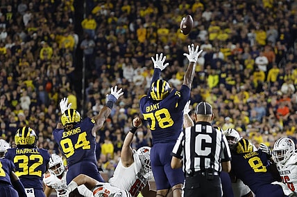 Sep 16, 2023; Ann Arbor, Michigan, USA; Michigan Wolverines defensive lineman Kenneth Grant (78) tries to block a kick in the first half against the Bowling Green Falcons at Michigan Stadium. Mandatory Credit: Rick Osentoski-USA TODAY Sports