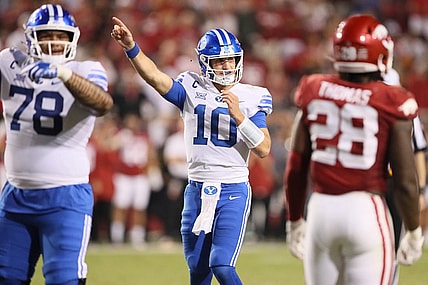 Sep 16, 2023; Fayetteville, Arkansas, USA; BYU Cougars quarterback Kedon Slovis (10) signals first down during the fourth quarter against the Arkansas Razorbacks at Donald W. Reynolds Razorback Stadium. BYU won 38-31. Mandatory Credit: Nelson Chenault-USA TODAY Sports