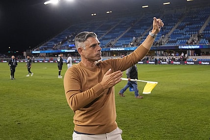Sep 16, 2023; San Jose, California, USA; San Jose Earthquakes head coach Luchi Gonzalez gestures to the crowd after defeating Real Salt Lake at PayPal Park. Mandatory Credit: Darren Yamashita-USA TODAY Sports