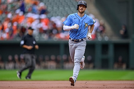 Sep 17, 2023; Baltimore, Maryland, USA; Tampa Bay Rays second baseman Brandon Lowe (8) scores a run during the first inning against the Baltimore Orioles at Oriole Park at Camden Yards. Mandatory Credit: Reggie Hildred-USA TODAY Sports