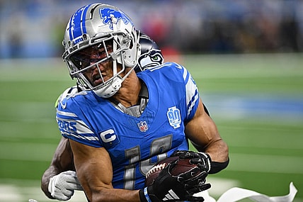 Sep 17, 2023; Detroit, Michigan, USA; Detroit Lions wide receiver Amon-Ra St. Brown (14) catches a pass against the Seattle Seahawks in the second quarter at Ford Field. Mandatory Credit: Lon Horwedel-USA TODAY Sports