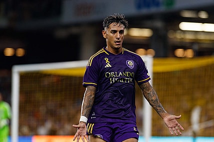 Sep 16, 2023; Orlando, Florida, USA; Orlando City SC midfielder Facundo Torres (17) defends against the Columbus Crew in the second half at Exploria Stadium. Mandatory Credit: Morgan Tencza-USA TODAY Sports