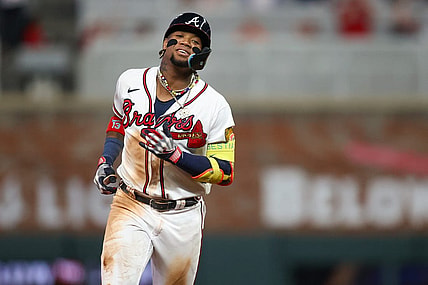 Sep 19, 2023; Atlanta, Georgia, USA; Atlanta Braves right fielder Ronald Acuna Jr. (13) celebrates after a home run against the Philadelphia Phillies in the sixth inning at Truist Park. Mandatory Credit: Brett Davis-USA TODAY Sports