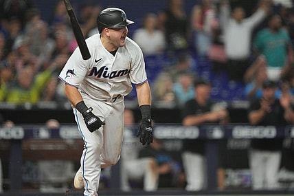 Sep 19, 2023; Miami, Florida, USA;  Miami Marlins third baseman Jake Burger (36) celebrates hitting the game winning RBI single in the ninth inning against the New York Mets at loanDepot Park. Mandatory Credit: Jim Rassol-USA TODAY Sports