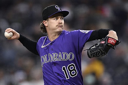 Sep 19, 2023; San Diego, California, USA; Colorado Rockies starting pitcher Ryan Feltner (18) throws a pitch against the San Diego Padres during the first inning at Petco Park. Mandatory Credit: Orlando Ramirez-USA TODAY Sports
