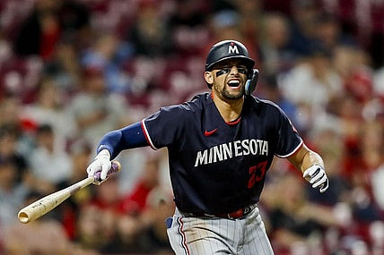 Sep 19, 2023; Cincinnati, Ohio, USA; Minnesota Twins third baseman Royce Lewis (23) reacts after being injured during his at-bat in the eighth inning against the Cincinnati Reds at Great American Ball Park. Mandatory Credit: Katie Stratman-USA TODAY Sports
