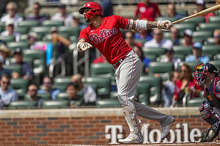 Sep 20, 2023; Cumberland, Georgia, USA; Philadelphia Phillies right fielder Nick Castellanos (8) hits a home run against the Atlanta Braves during the second inning  at Truist Park. Mandatory Credit: Dale Zanine-USA TODAY Sports