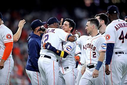 Sep 20, 2023; Houston, Texas, USA; Houston Astros center fielder Mauricio Dubon (14) celebrates with Houston Astros manager Dusty Baker Jr (12) after hitting a walk off single against the Baltimore Orioles during the ninth inning at Minute Maid Park. Mandatory Credit: Erik Williams-USA TODAY Sports