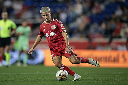 Sep 20, 2023; Harrison, New Jersey, USA; New York Red Bulls defender John Tolkin (47) controls the ball in the first half against the Austin FC at Red Bull Arena. Mandatory Credit: Vincent Carchietta-USA TODAY Sports