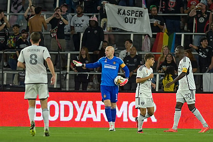 Sep 20, 2023; Washington, District of Columbia, USA;  Atlanta United goalkeeper Brad Guzan (1) collects a loose ball during the first half against the D.C. United at Audi Field. Mandatory Credit: Tommy Gilligan-USA TODAY Sports