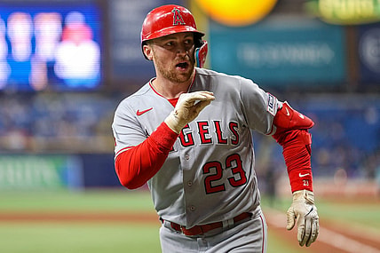 Sep 20, 2023; St. Petersburg, Florida, USA;  Los Angeles Angels designated hitter Brandon Drury (23) reacts after hitting a two run home run against the Tampa Bay Rays in the sixth inning at Tropicana Field. Mandatory Credit: Nathan Ray Seebeck-USA TODAY Sports
