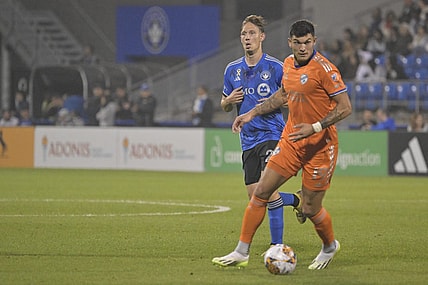 Sep 20, 2023; Montreal, Quebec, CAN; FC Cincinnati forward Brandon Vazquez (19) plays the ball in the second half against the CF Montreal  at Stade Saputo. Mandatory Credit: Eric Bolte-USA TODAY Sports