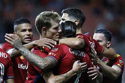 Sep 20, 2023; Sandy, Utah, USA; Real Salt Lake forward Chicho Arango (9) is congratulated after his first half goal against the FC Dallas at America First Field. Mandatory Credit: Jeff Swinger-USA TODAY Sports