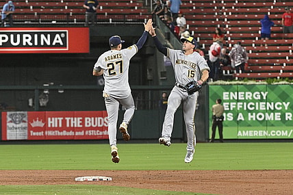 Sep 20, 2023; St. Louis, Missouri, USA; Milwaukee Brewers left fielder Tyrone Taylor (15) celebrates with shortstop Willy Adames (27) after defeating the St. Louis Cardinals at Busch Stadium. Mandatory Credit: Jeff Le-USA TODAY Sports