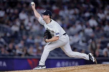 Sep 21, 2023; Bronx, New York, USA; New York Yankees starting pitcher Gerrit Cole (45) pitches against the Toronto Blue Jays during the fifth inning at Yankee Stadium. Mandatory Credit: Brad Penner-USA TODAY Sports