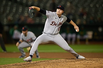 Sep 21, 2023; Oakland, California, USA; Detroit Tigers pitcher Tarik Skubal (29) throws a pitch against the Oakland Athletics during the sixth inning at Oakland-Alameda County Coliseum. Mandatory Credit: Robert Edwards-USA TODAY Sports