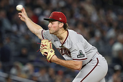 Sep 22, 2023; Bronx, New York, USA; Arizona Diamondbacks starting pitcher Brandon Pfaadt (32) delivers a pitch during the third inning against the New York Yankees at Yankee Stadium. Mandatory Credit: Vincent Carchietta-USA TODAY Sports