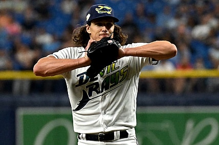 Sep 22, 2023; St. Petersburg, Florida, USA; Tampa Bay Rays pitcher Tyler Glasnow (20) reacts after walking in a run in the sixth inning against the Toronto Blue Jays  at Tropicana Field. Mandatory Credit: Jonathan Dyer-USA TODAY Sports