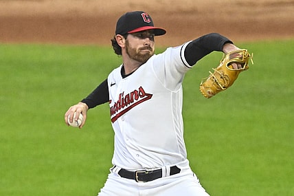 Sep 22, 2023; Cleveland, Ohio, USA; Cleveland Guardians starting pitcher Shane Bieber (57) delivers a pitch in the first inning against the Baltimore Orioles at Progressive Field. Mandatory Credit: David Richard-USA TODAY Sports