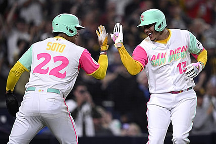 Sep 22, 2023; San Diego, California, USA; San Diego Padres designated hitter Manny Machado (13) celebrates with left fielder Juan Soto (22) after hitting a two-run home run against the St. Louis Cardinals during the eighth inning at Petco Park. Mandatory Credit: Orlando Ramirez-USA TODAY Sports