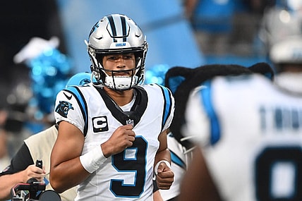 Sep 18, 2023; Charlotte, North Carolina, USA; Carolina Panthers quarterback Bryce Young (9) runs on to the field before the game at Bank of America Stadium. Mandatory Credit: Bob Donnan-USA TODAY Sports