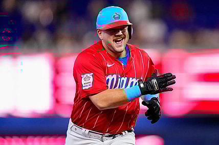 Sep 23, 2023; Miami, Florida, USA; Miami Marlins third baseman Jake Burger (36) celebrates hitting a three run home run against the Milwaukee Brewers during the first inning at loanDepot Park. Mandatory Credit: Rich Storry-USA TODAY Sports