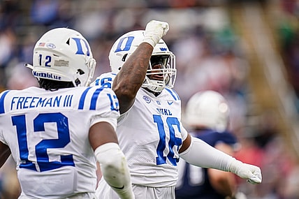 Sep 23, 2023; East Hartford, Connecticut, USA; Duke Blue Devils defensive tackle Aeneas Peebles (16) reacts after sacking UConn Huskies quarterback Ta'Quan Roberson (6) (not pictured) in the second quarter at Rentschler Field at Pratt & Whitney Stadium. Mandatory Credit: David Butler II-USA TODAY Sports