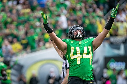 Oregon outside linebacker Teitum Tuioti celebrates a sack as the Oregon Ducks host Colorado in the Pac-12 opener Saturday, Sept. 23, 2023, at Autzen Stadium in Eugene, Ore.