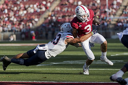 Sep 23, 2023; Stanford, California, USA; Arizona Wildcats safety Dalton Johnson (43) defends as Stanford Cardinal wide receiver Bryce Farrell (3) runs the ball for a touchdown against the Arizona Wildcats during the second quarter at Stanford Stadium. Mandatory Credit: John Hefti-USA TODAY Sports