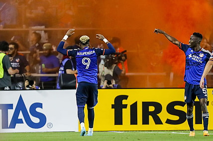 Sep 23, 2023; Cincinnati, Ohio, USA; FC Cincinnati forward Aaron Boupendza (9) reacts after scoring a goal against Charlotte FC in the second half at TQL Stadium. Mandatory Credit: Katie Stratman-USA TODAY Sports