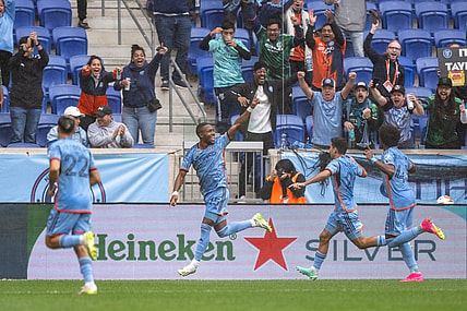 Sep 24, 2023; Harrison, New Jersey, USA; New York City FC midfielder Andres Perea (15) celebrates his goal during the first half against Toronto FC at Red Bull Arena. Mandatory Credit: Mark Smith-USA TODAY Sports