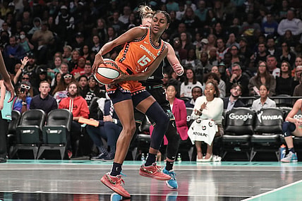 Sep 24, 2023; Brooklyn, New York, USA; Connecticut Sun guard Tiffany Hayes (15) drives to the basket in the second quarter against the New York Liberty during game one of the 2023 WNBA Playoffs at Barclays Center. Mandatory Credit: Wendell Cruz-USA TODAY Sports