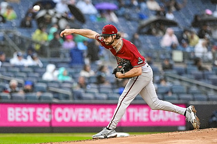 Sep 24, 2023; Bronx, New York, USA; Arizona Diamondbacks starting pitcher Zac Gallen (23) pitches against the New York Yankees during the first inning at Yankee Stadium. Mandatory Credit: John Jones-USA TODAY Sports