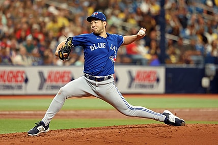 Sep 24, 2023; St. Petersburg, Florida, USA; Toronto Blue Jays starting pitcher Yusei Kikuchi (16) throws a pitch against the Tampa Bay Rays during the second inning at Tropicana Field. Mandatory Credit: Kim Klement Neitzel-USA TODAY Sports