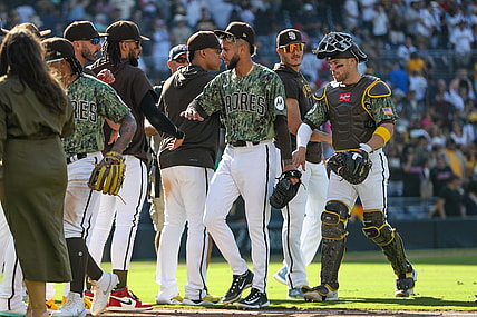 Sep 24, 2023; San Diego, California, USA;  San Diego Padres relief pitcher Jose Espada(40) celebrates with teammates after the San Diego Padres defeat the St. Louis Cardinals 12-2 at Petco Park. Mandatory Credit: David Frerker-USA TODAY Sports