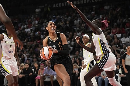 Sep 24, 2023; Las Vegas, Nevada, USA; Las Vegas Aces center A'ja Wilson (22) looks for a clear shot during the second half of game one of the 2023 WNBA Playoffs at Michelob Ultra Arena. Mandatory Credit: Kirby Lee-USA TODAY Sports