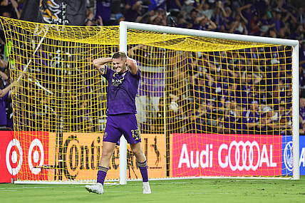 Sep 24, 2023; Orlando, Florida, USA; Orlando City forward Duncan McGuire (13) reacts during the first half against Inter Miami CF at Exploria Stadium. Mandatory Credit: Cory Knowlton-USA TODAY Sports