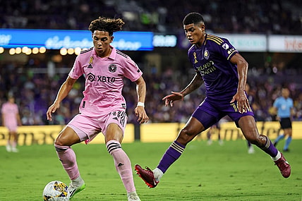 Sep 24, 2023; Orlando, Florida, USA; Inter Miami CF midfielder David Ruiz (41) controls the ball against Orlando City midfielder Wilder Cartagena (16) during the first half at Exploria Stadium. Mandatory Credit: Cory Knowlton-USA TODAY Sports