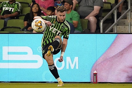 Sep 24, 2023; Austin, Texas, USA; Austin FC forward Jon Gallagher (17) kicks the ball against the Los Angeles Galaxy during the first half at Q2 Stadium. Mandatory Credit: Scott Wachter-USA TODAY Sports