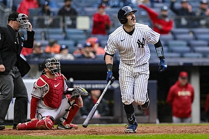 Sep 25, 2023; Bronx, New York, USA; New York Yankees catcher Austin Wells (88) hits a two run home run against the Arizona Diamondbacks during the fourth inning at Yankee Stadium. Mandatory Credit: John Jones-USA TODAY Sports
