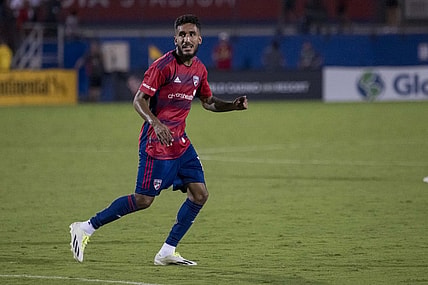 Sep 23, 2023; Frisco, Texas, USA; FC Dallas forward Jesus Ferreira (10) in action during the game between FC Dallas and the Columbus Crew at Toyota Stadium. Mandatory Credit: Jerome Miron-USA TODAY Sports